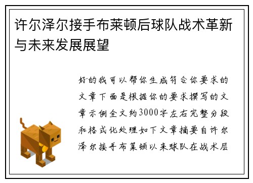 许尔泽尔接手布莱顿后球队战术革新与未来发展展望