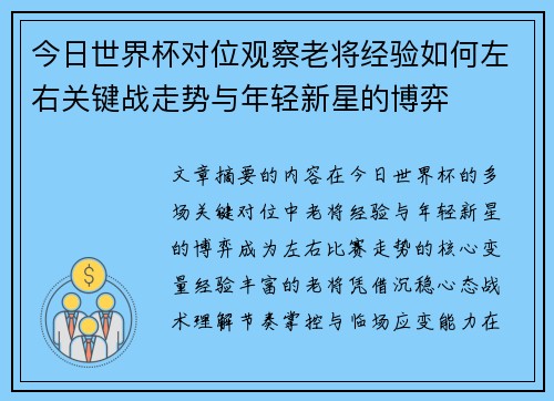 今日世界杯对位观察老将经验如何左右关键战走势与年轻新星的博弈